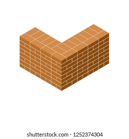 Angle of house. Red brick wall. Barrier and fence. Construction of buildings. Material for repair.