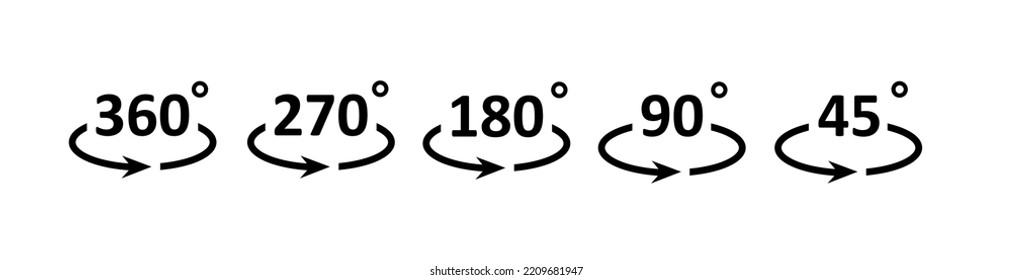 Angle icon set 360, 90.45 degrees. Rotate 270,180 degrees. Sign of a rounded arrow. Mathematical, geometric symbols. Full rotation of the pointer.
Vector illustration.