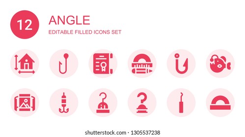 angle icon set. Collection of 12 filled angle icons included Dimension, Hook, Degree, Protractor, Panoramic view, Angler