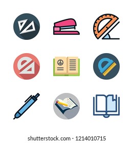 angle icon set. vector set about protractor, office material, open book and set square icons set.
