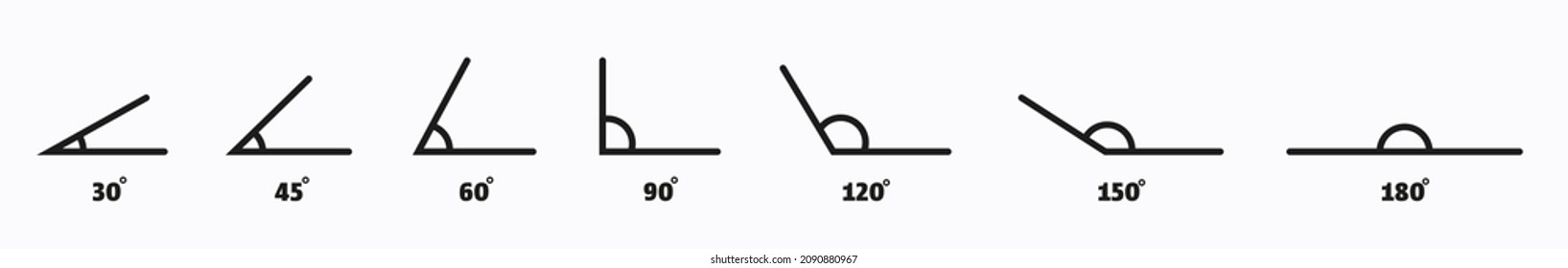 Winkellinien-Symbol-Set. 180, 150, 120, 90, 60, 45 30, Grad Maßnahme. Mathematisches Design-Element. Technischer Architekt leer. Trigonometrie-Vorlagen. Dreieckszeichen. Vektorgrafik