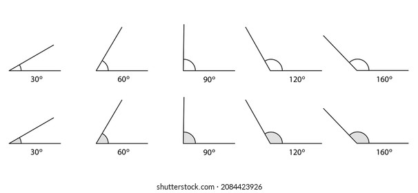 Angle line and Trigonometry, vector icons set. 160 120, 90, 60, 30, degree measure. Math geometric design element. Technical architect blank