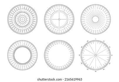 Angle measuring grid template set. Circular protractor of various types