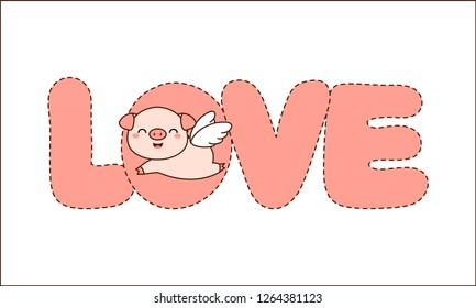 Angle Pig with LOVE. Valentine greeting card.
