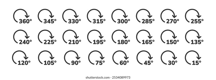 Icono de rotación de ángulo. Conjunto de grados. Flecha circular. 360, 180 y otro ángulo.