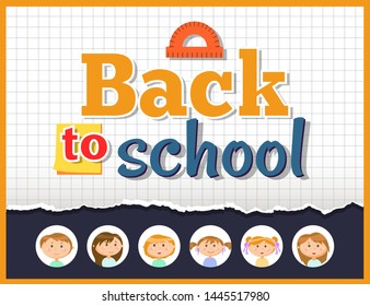 Angle ruler and notebook sheet, pupils or studens, back to school vector. Boys and girls, classmates avatars, sign on checkered paper, primary education