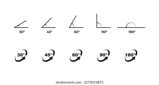 Angle of view degree vector icon. Camera rotation geometric arrow set. 