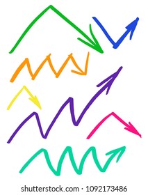 Angle and zigzag hand drawn colorful arrows set. Collection of multicolor symbols isolated over white background. Vector illustration.