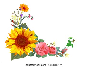 Angled autumn's frame: orange, yellow sunflowers, red roses, gerbera daisy flowers, thistle, small green twigs on white background. Digital draw, illustration in watercolor style, vector