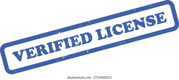 Sello de tinta azul en ángulo con la frase LICENCIA VERIFICADA sobre un fondo blanco con texturas grunge; forma rectangular con esquinas redondeadas para una sensación táctil.