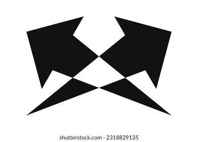 Angled bursting arrows, negative space icon. A symbol made from two arrow shapes. Isolated on a white background.