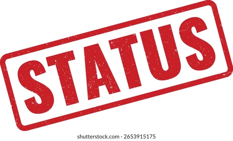 Close angular exibe uma impressão de carimbo vermelho com a palavra Status em negrito dentro de uma borda retangular correspondente em um fundo branco.