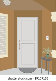 Angled doorway entrance into building with plant, mat and window