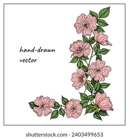 Angled floral frame: rose hand-drawn flowers with leaves. Corner border composition of flowers for design, decoration.
