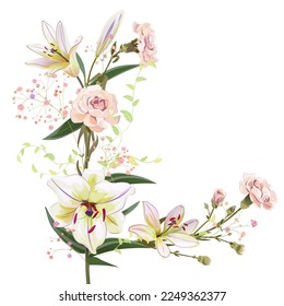 Angled frame with lilies, carnation and spring blossom. Template for Mothers Day or wedding invitation. Gentle realistic illustration in watercolor style on white background. A3, vintage, vector