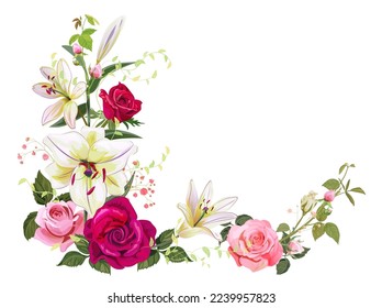 Angled frame with pink, red roses, white lilies, spring blossom. Branches with gentle flowers on white background. Gentle realistic illustration in watercolor style for wedding design. Vintage, vector