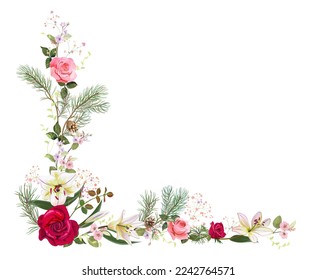 Angled frame with pink, red roses, white lilies, pine, spring blossom. Branches with gentle flowers on white background. Realistic illustration in watercolor style for Valentine design. Vector