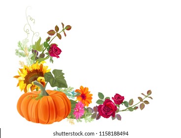 Angled autumn’s frame with pumpkin: orange, yellow sunflowers, red roses, gerbera daisy flowers, thistle, small green twigs on white background. Digital draw, illustration in watercolor style, vector