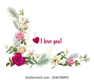 Angled frame with roses, lilies, jasmine flowers, pine branches, red heart and "love you" scripture. Template for Valentine's Day. Gentle realistic illustration in watercolor style on white background