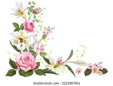 Angled frame with roses, lilies, spring blossom. Branches with mauve, pink apple tree flowers on white background. Gentle realistic illustration in watercolor style for wedding design. Vintage, vector