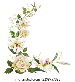 Angled frame with roses, lilies, spring blossom. Branches with mauve, pink apple tree flowers on white background. Gentle realistic illustration in watercolor style for wedding design. Vintage, vector