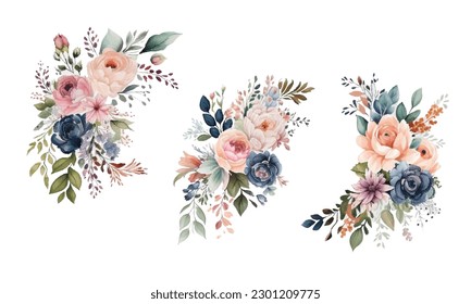 Gekegelter Rahmen mit Rosen, Frühlingsblüte, Äste mit Lila, rosafarbene Apfelblumen, Knospen, grüne Blätter auf weißem Hintergrund. Digitale Zeichnung, Illustration in Aquarellfarben, Vintage, Vektorgrafik