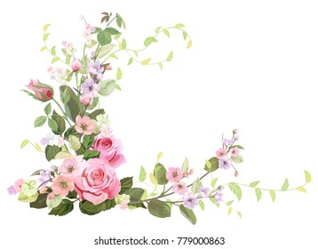 Angled frame with roses, spring blossom (bloom), branches with mauve, pink apple tree flowers, buds, green leaves on white background. Digital draw, illustration in watercolor style, vintage, vector