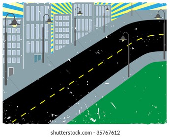 Angled hilly urban landscape accented by sunny beams