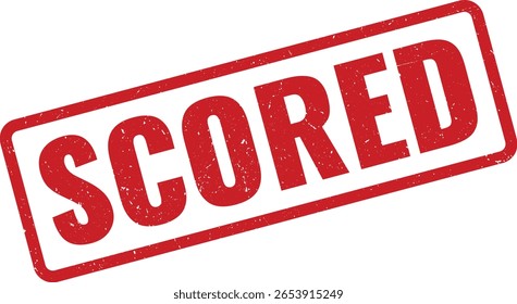 Angled isolated image displays a red Scored rubber stamp imprint with rounded corners and a distressed texture, set against a white background for high visibility.