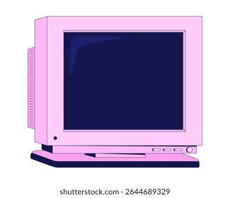 Angled pink CRT monitor bulky 90s screen 2D cartoon object. Analog display. Y2k hardware. Tech nostalgia. Oldschool technology isolated element flat vector clip art on white. Spot illustration