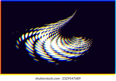 Angled polka dot halftone frame with spiraling rays on a dark background (background is an example). Pea color shift or glitch across the CMYK spectrum. Vector.
