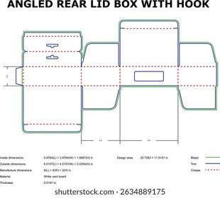 Angled rear lid box with hook layout blueprint schematic design and dimensions for packaging