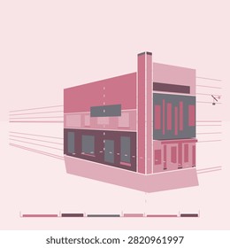 A angled shopfront in two point perspective in which every horizontal edge runs to one of two vanishing points placed outside the frame while all vertical edges stay parallel, so the corner of the block reads as solid; the sheet keeps the vanishing point, a cast shadow dropped from the base points, dashed hidden lines that locate the far corner of the plan, a forty five degree mitre line with blank transfer plates, and a true length scale along the lower edge that repeats the same unequal sequence used for the foreshortened ground floor bays, drawn as vintage line art in sakura colors.