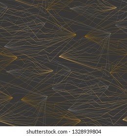 Angled sketch lines vector seamless pattern. Abstract golden gradient beam lines. Chaotic, entagled grid on grey background. Geometric  backdrop, textile, wrapping paper, wallpaper  illustration