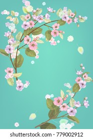 Angled vertical frame with spring blossom (bloom), branches with mauve, pink apple tree flowers, buds, green leaves on turquoise background. Illustration in watercolor style, vintage, vector