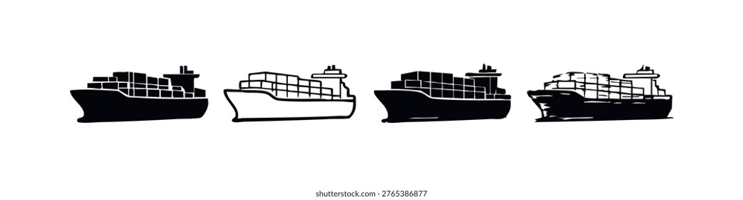 Angled View Cargo Container Ship Maritime Icon Set