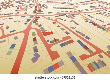 Angled view of a colorful editable vector housing map in a generic town