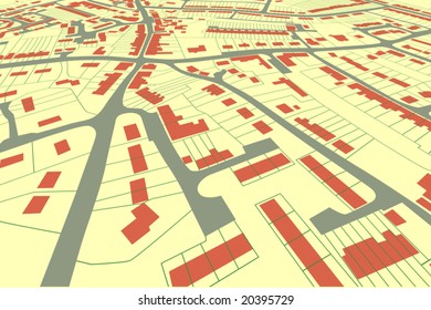 Angled view of an editable vector housing map in a generic town