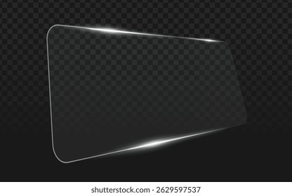 Angled wide rectangular glass panel with soft highlights and rounded edges, perfect for modern design mockups, architectural visuals, or luxury packaging concepts. Ideal for product displays