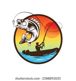 An angler with a boat, catching a big fish, vector template design illustration