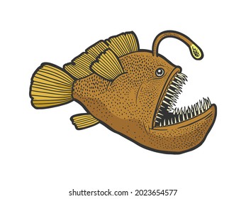 angler deep sea fish with light color sketch engraving vector illustration. T-shirt apparel print design. Scratch board imitation. Black and white hand drawn image.