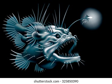 Angler fish in blue tones on a black background  [Lophius piscatorius]