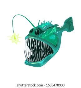 Angler fish is bony predatory fish with large head that bear enormous, crescent-shaped mouth full of fang-like teeth and long filament. Marine creature, beast, monster. Vector on white.