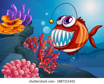 Angler fish cartoon character in the underwater scene with corals illustration