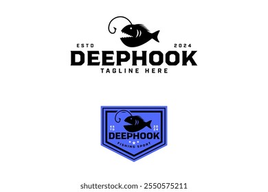 peixe pescador com anzol em forma de anzol de pesca logotipo emblema conjunto de design. peixe de fundo preto com design de elemento de anzol. peixe pescador com anzol logotipo ilustração antena para pesca esporte, pesca, pescador