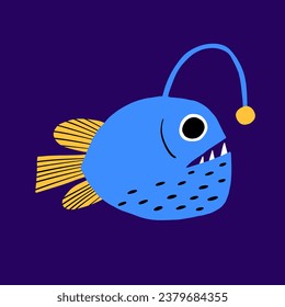 Angler fish flat hand drawn illustration. Ugly monster anglerfish with a lantern and big teeth in the blue underwater. Cute monster marine character in the ocean. Cartoon vector graphic design.