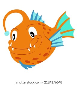 Angler fish flat style illustration. Happy smiling face. Cheerful mascot and character for children. Cute orange wildlife underwater creature with blue fins for zoo or aquarium logo.