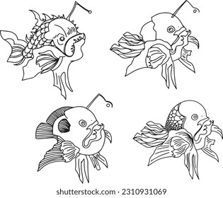 Angler fish hand drawn fantasy creature silhouette illustration cartoon stylized coloring drawing. Set predatory fish line drawing clip art menu product design, flyer, nautical theme underwater world