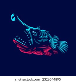 Angler fish logo with colorful neon line art design with dark background. Abstract underwater animal vector illustration.