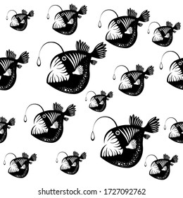 Angler Fish. Lophius piscatorius. Isolated on white. Underwater world. Black and white. Seamless pattern